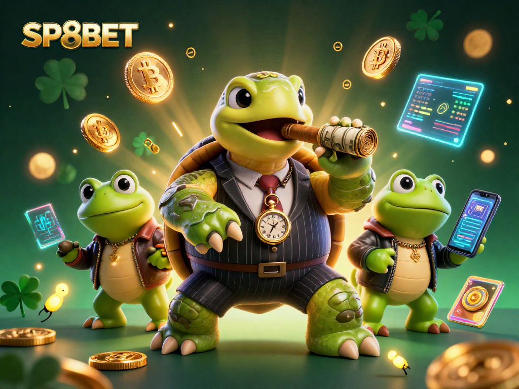 Join the exciting SP8BET casino adventure with a charming turtle in a mobster suit and energetic bullfrogs!