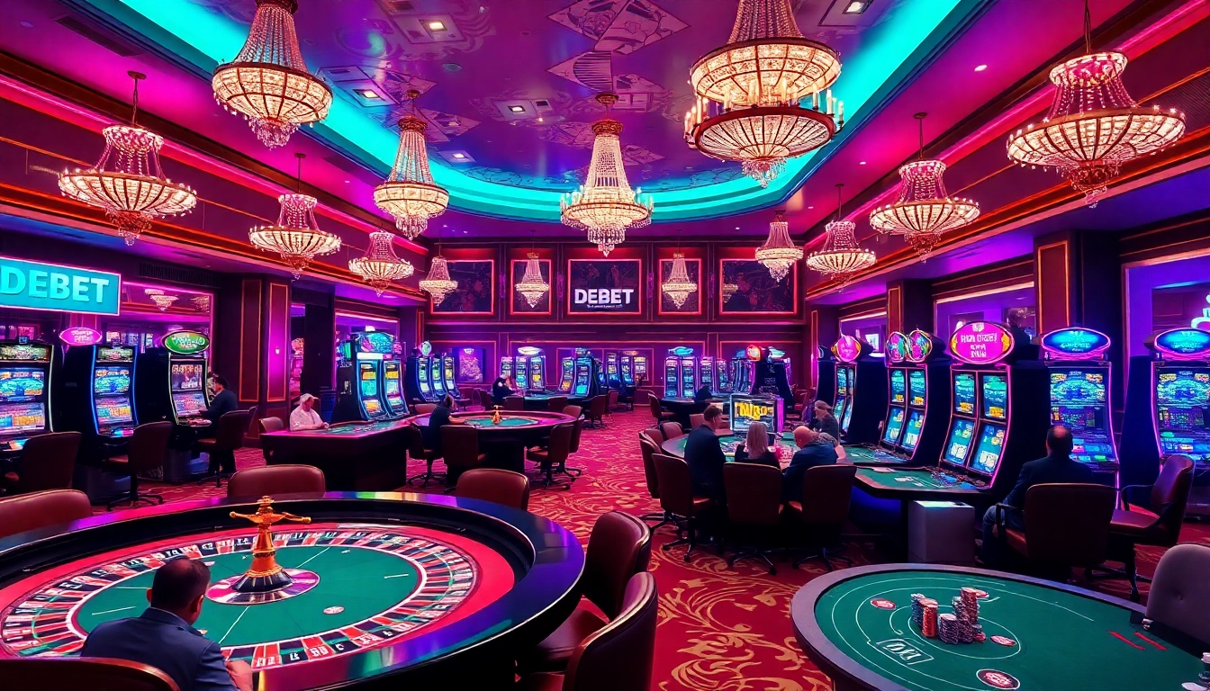 Exciting DEBET casino scene showing players winning at roulette and poker tables.