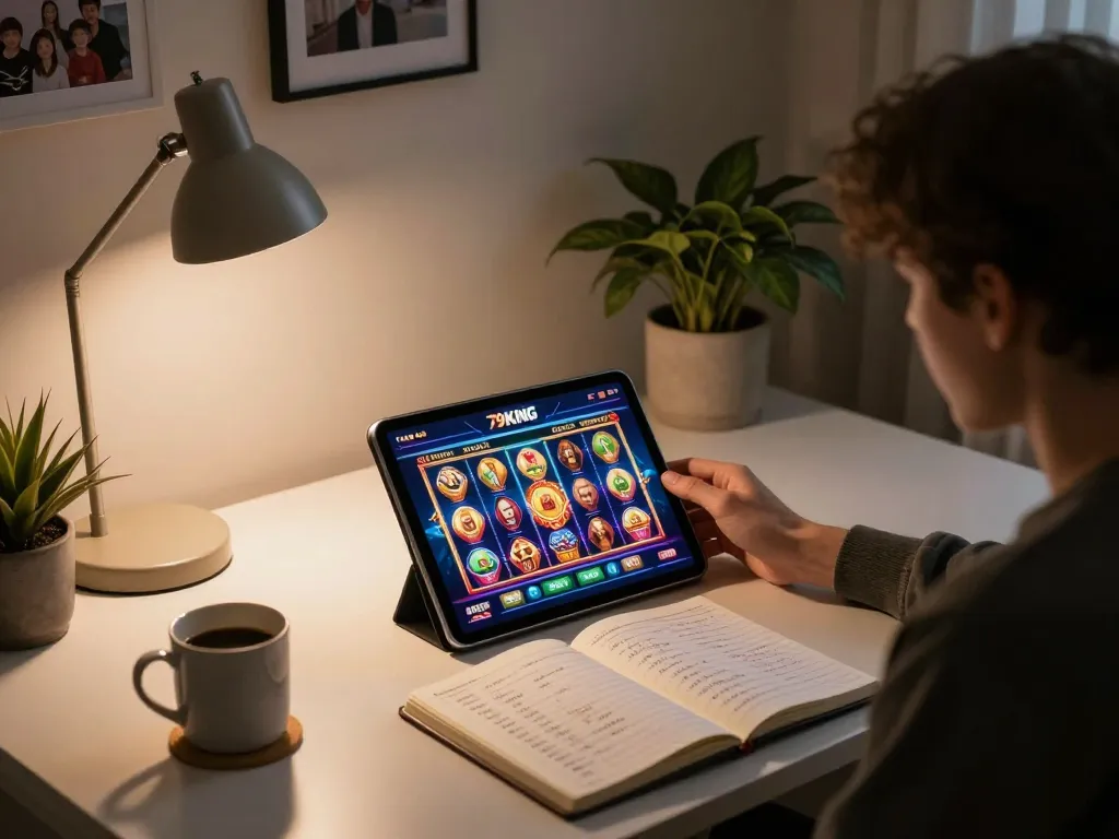 Experience 79KING online gaming with vibrant slot app on tablet, strategic betting notes visible.