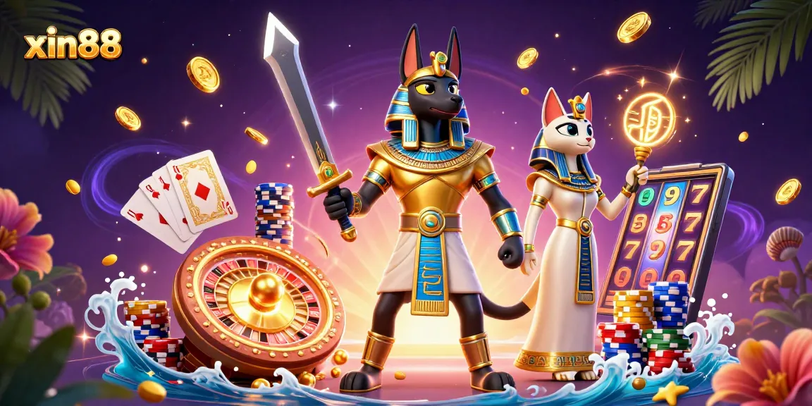 Experience excitement with xin88's vibrant 3D casino scene showcasing Anubis and Bastet.