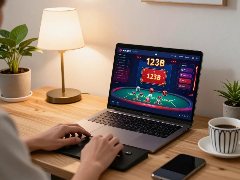 Play online blackjack at 123B casino on a sleek laptop, showcasing vibrant gaming interface