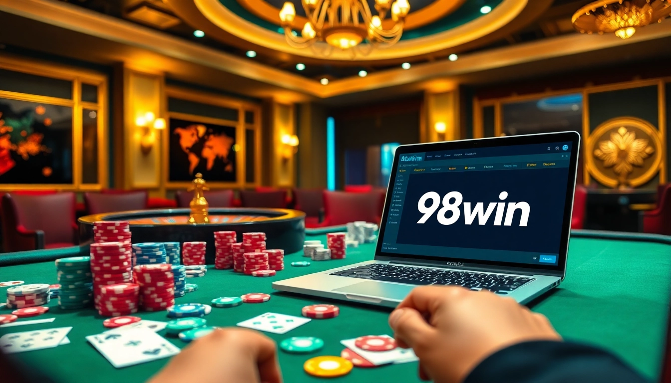Engage with expert strategies at 98win casino, featuring a lively gaming table and colorful chips.