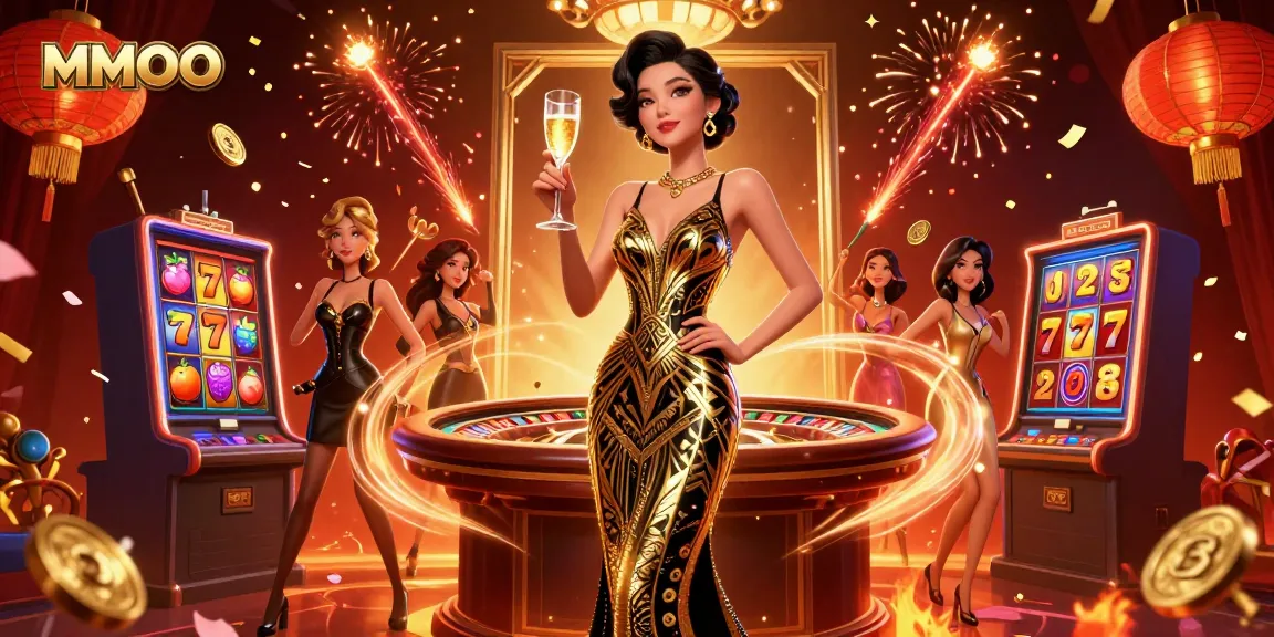 Engaging scene showcasing MMOO with an elegant Asian woman in a glamorous casino setting, celebrating winnings.