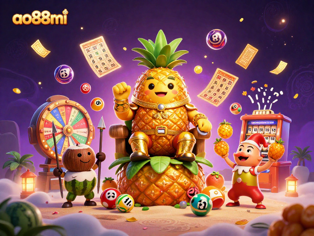 Win big at ao88mi casino with an imaginative illustration of a pineapple king and dynamic lottery elements.