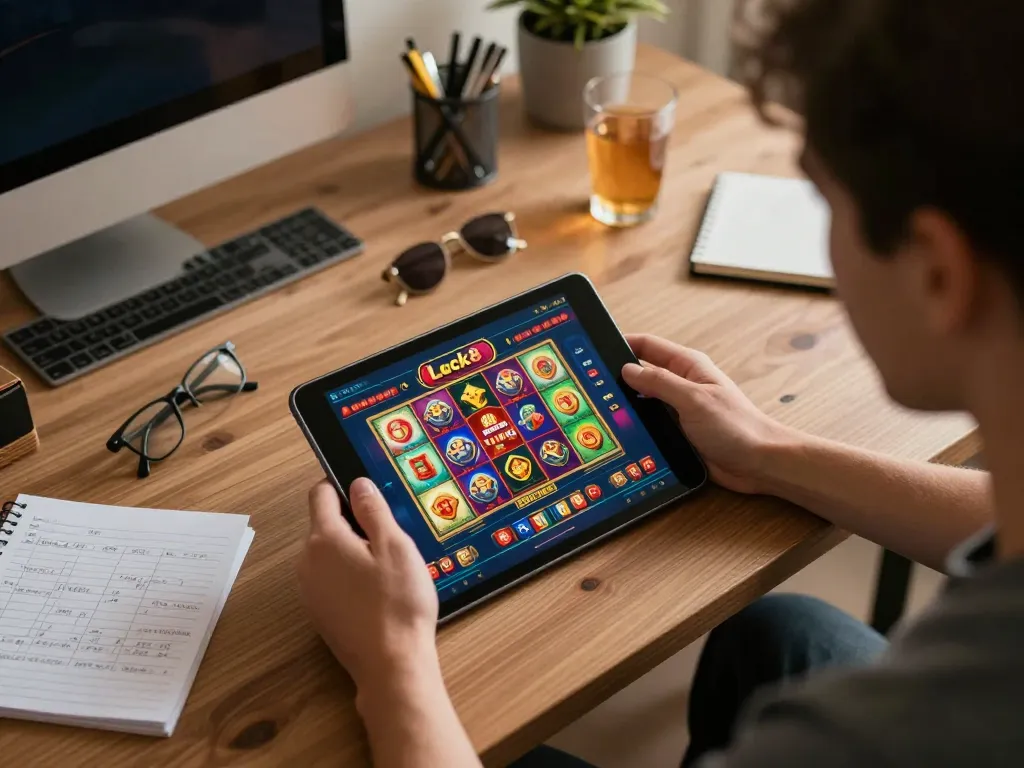 Playing exciting slot games on luck8 app in a cozy home setting with warm lighting