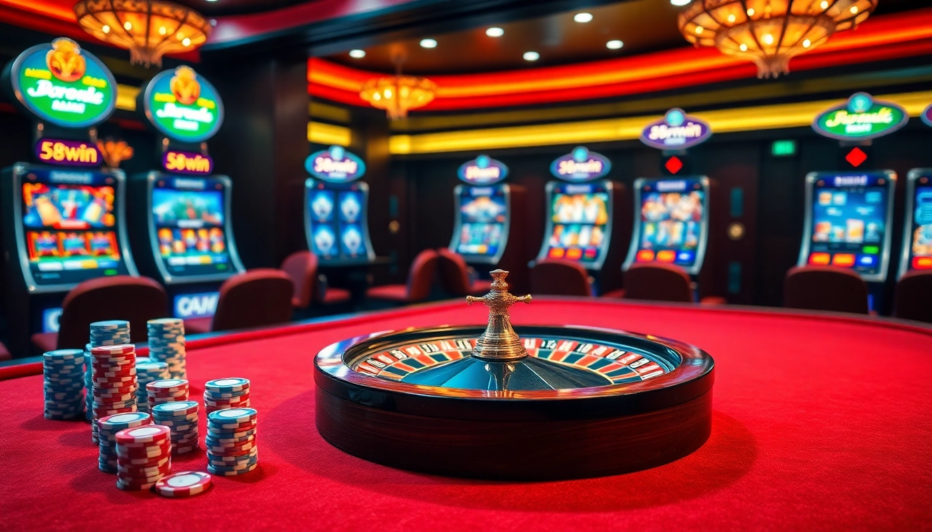 Experience the thrill of 58win at a luxurious casino table with roulette and poker chips.