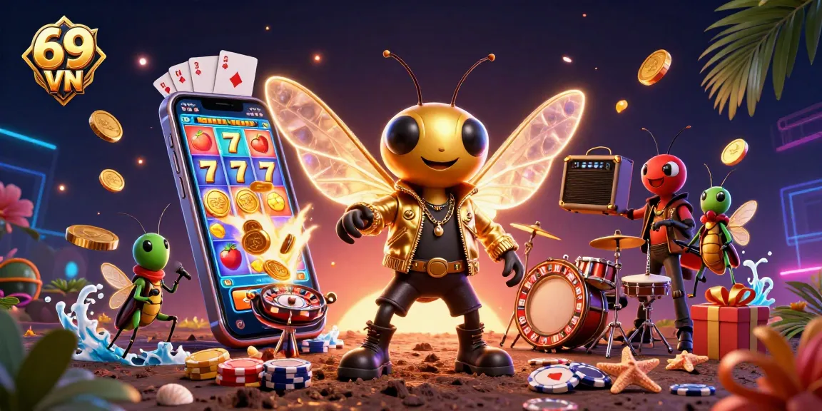 Spin slots and win big with 69 VN's vibrant online casino games featured in this colorful illustration.
