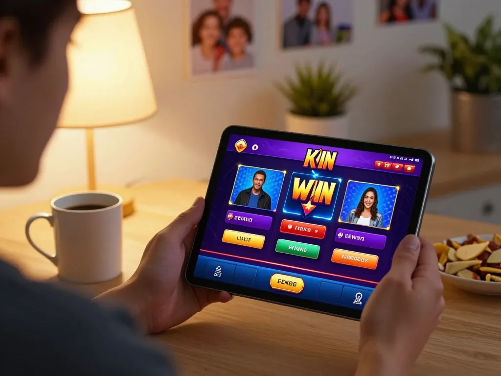 Engaged player using the KK WIN app for online gambling in a cozy home setting