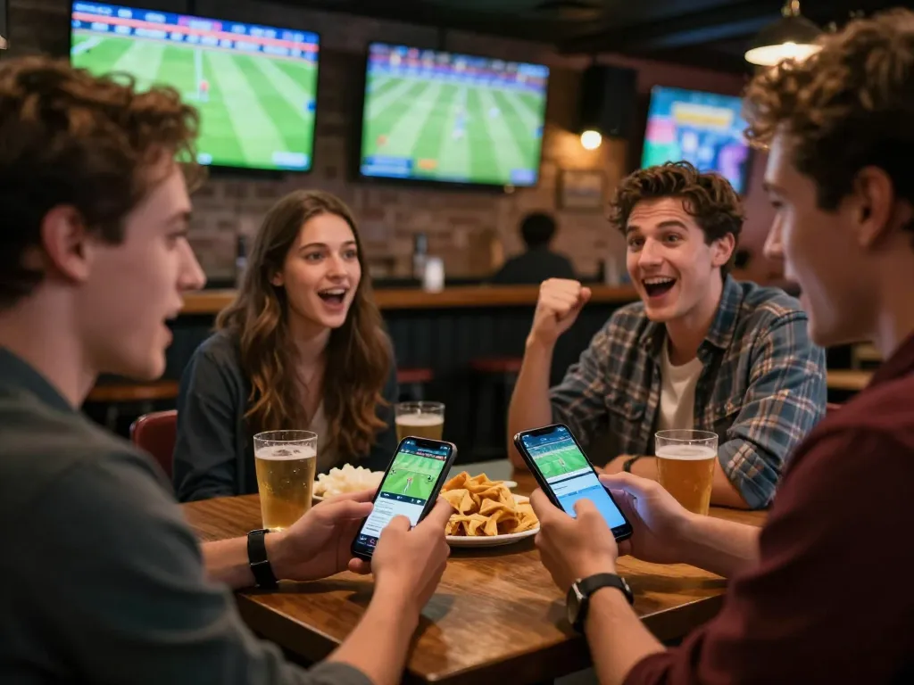 kkbd sports betting scene with friends excitedly placing live wagers during a football match