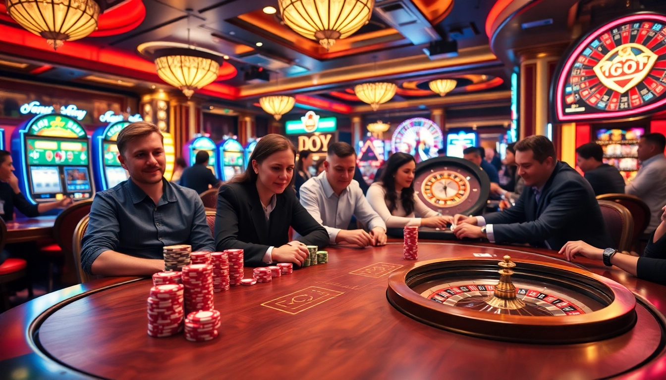 Players enjoy thrilling table games at the mmoo casino, surrounded by vibrant poker chips and a spinning roulette wheel.