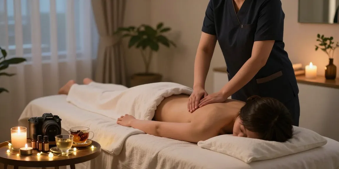 Relaxing 강북출장안마 experience in a luxurious home spa environment with candles and essential oils.