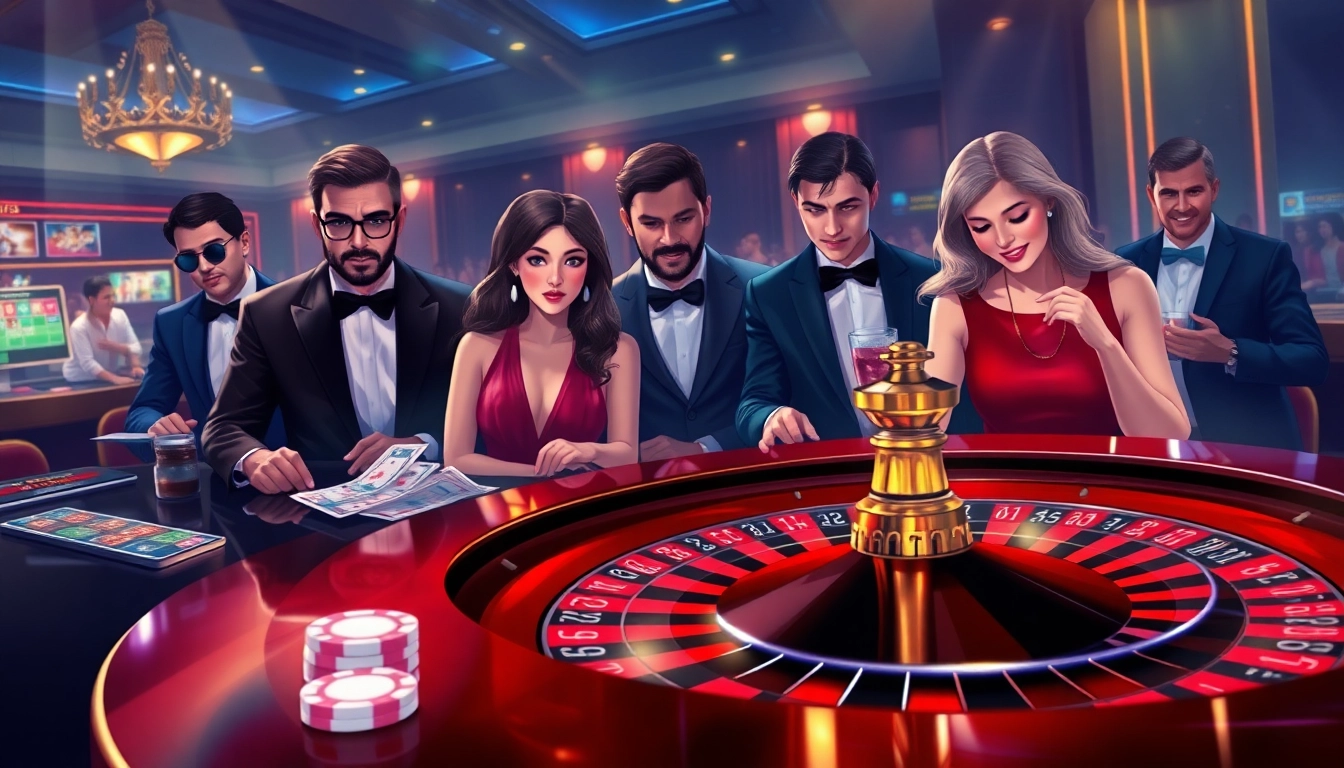 Players enjoying games at nhà cái 8XX online casino with vibrant poker chips and roulette wheel.