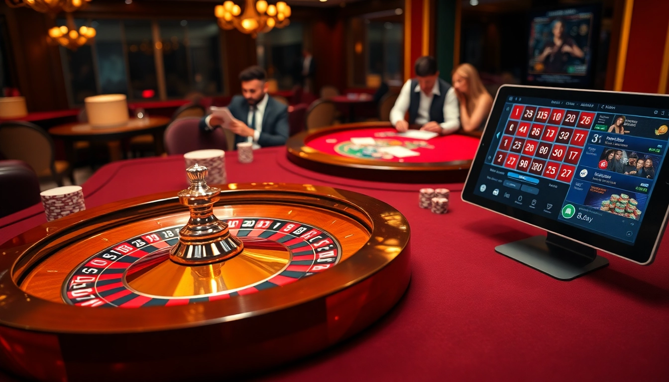 Gamblers engaging in thrilling 8DAY casino games at a luxurious roulette table with rich colors and stylish decor.
