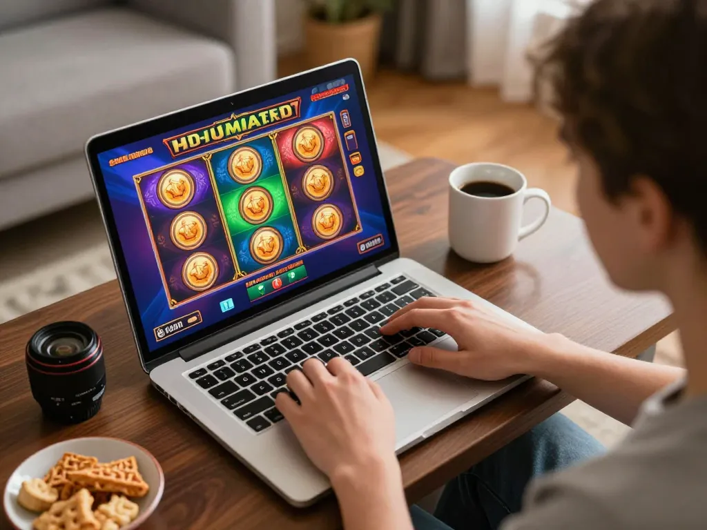Player enjoying online slot games at home on TG88 with a cozy ambiance and vibrant game graphics.