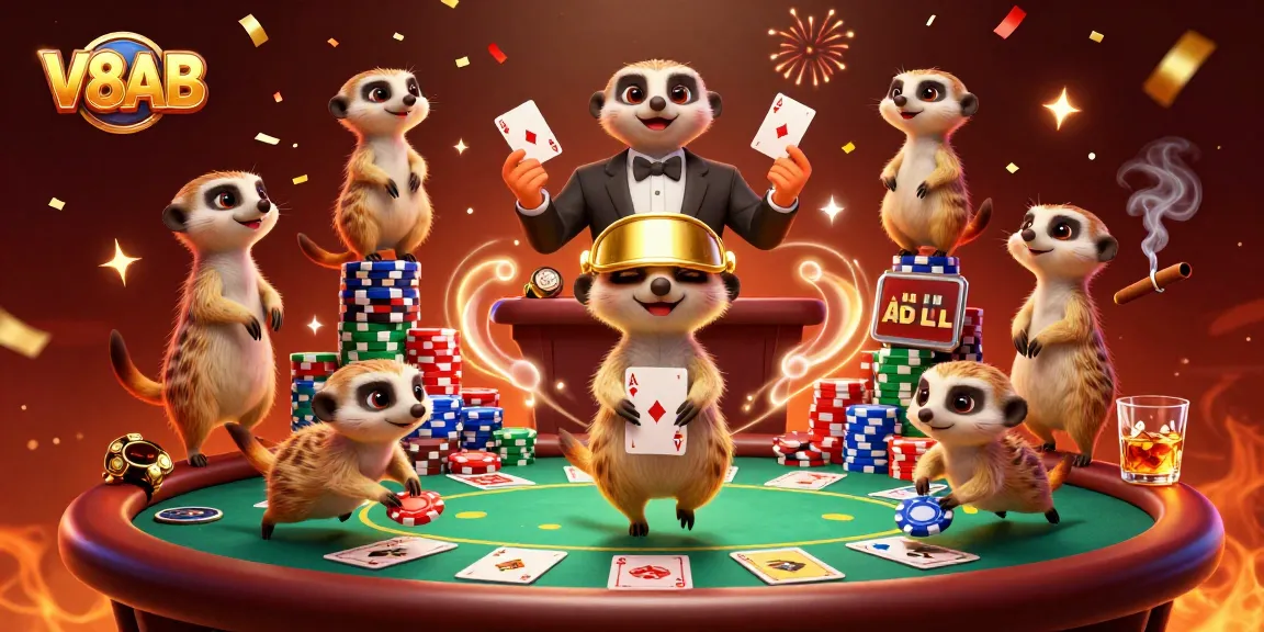 Win big at V8AB casino with meerkats showcasing poker action amidst a vibrant celebration.