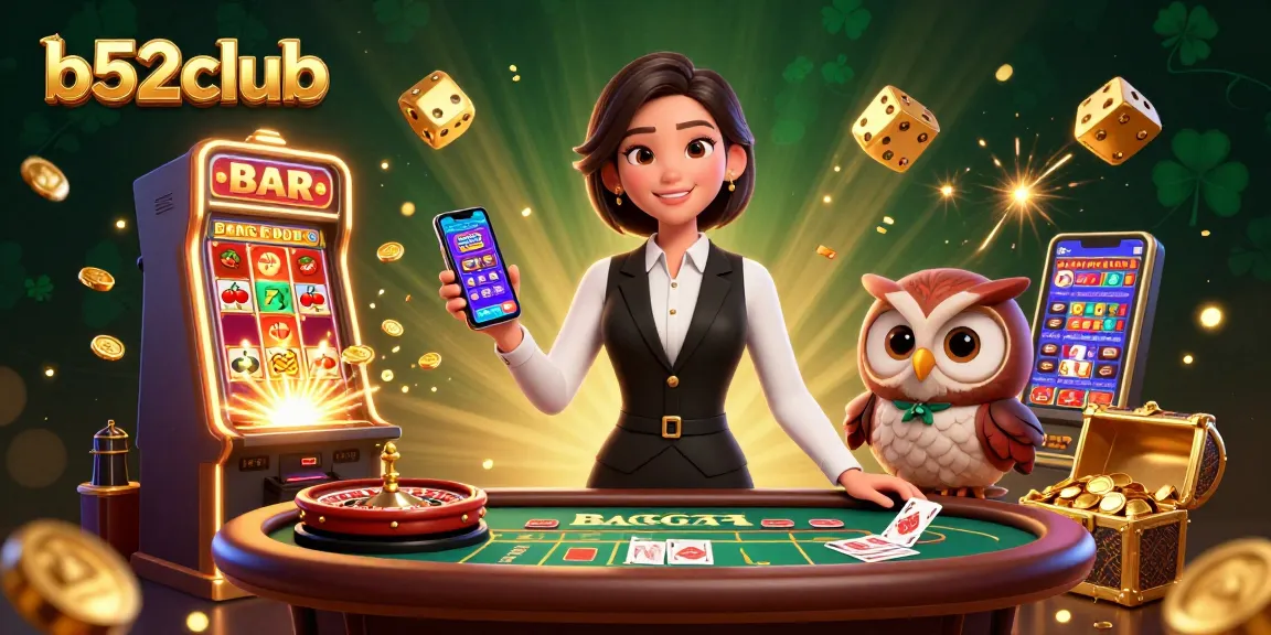 Experience exciting games with b52club in this vibrant 3D casino illustration showcasing dealers and thrilling elements.