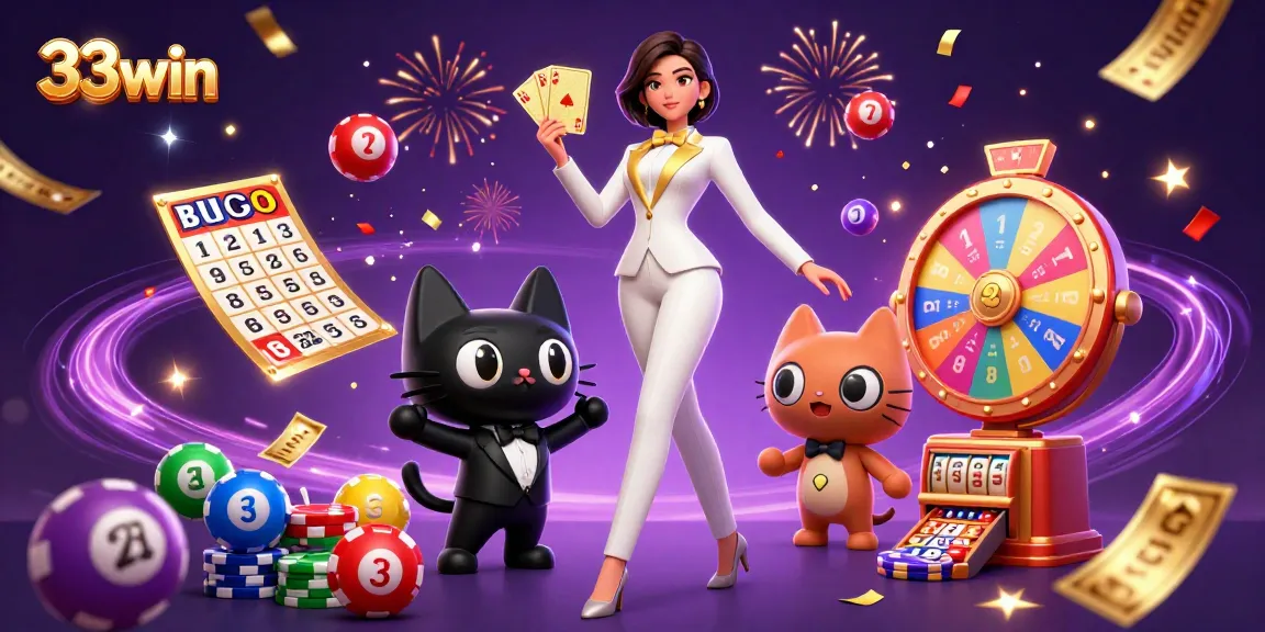 Experience thrilling wins with 33win's vibrant gaming atmosphere and rich prizes in a dynamic illustration.