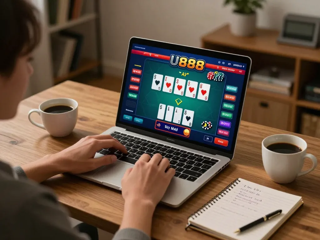 Player engages in an exciting U888 poker game on their laptop, showcasing strategic gameplay.