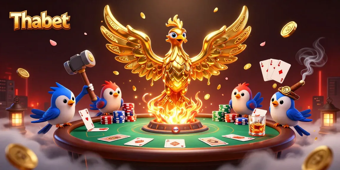 Win at Thabet featuring a molten golden phoenix and vibrant poker elements in an exciting casino atmosphere.