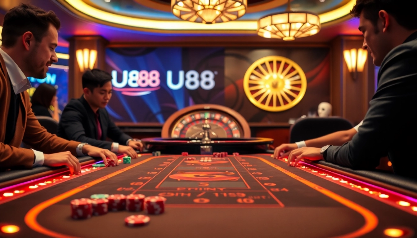 UU88 poker scene with vibrant chips and roulette wheel, capturing excitement in gambling.