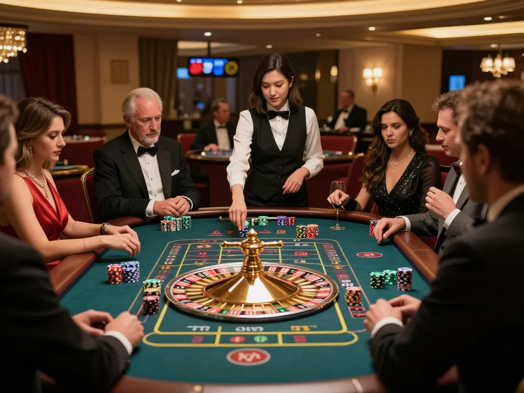 Pucuk138 players engaging in an exciting roulette game at a vibrant casino atmosphere