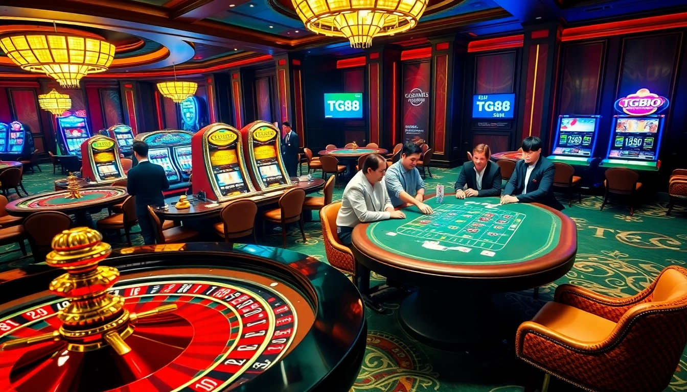 Experience luxury gambling thrills at TG88 Casino with vibrant tables and colorful slot machines.