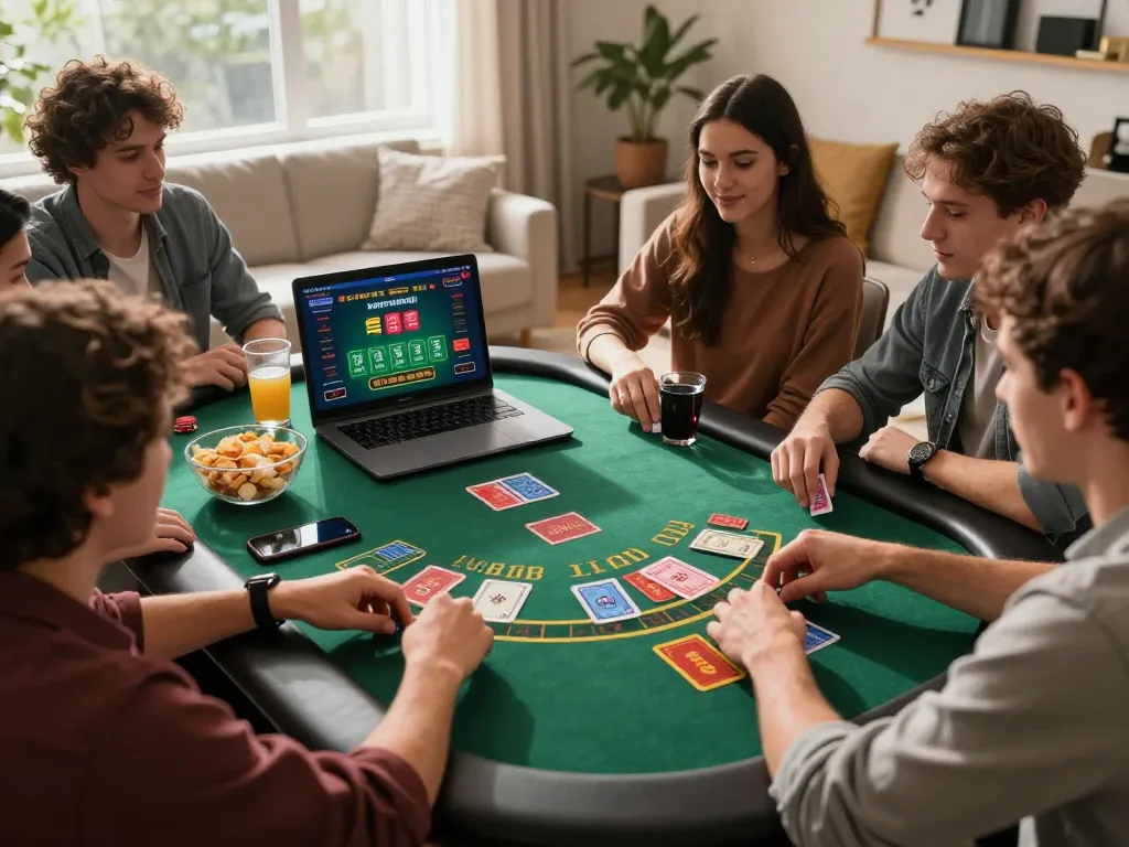 VA88 players enjoying online blackjack at home, engaging in betting strategies with warm lighting.
