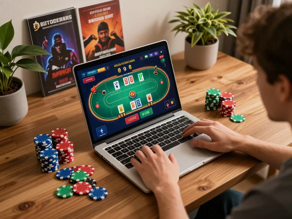 Engage in strategic gameplay with 33WIN on a laptop at home, showcasing an exciting online poker session.