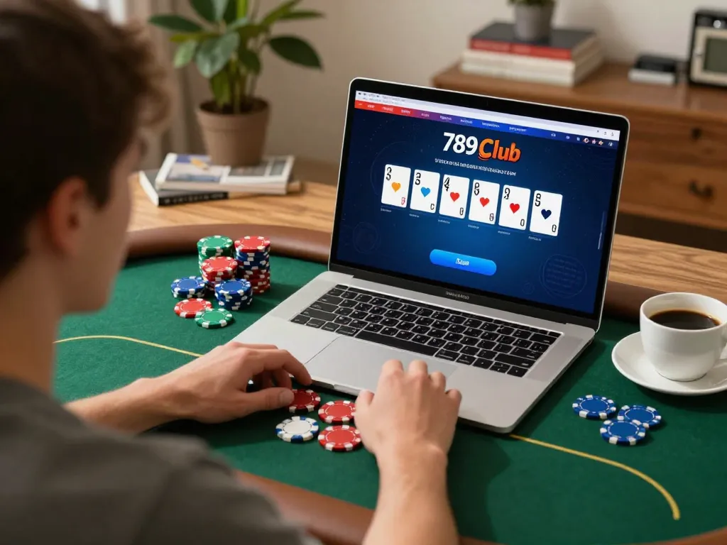 Engaged player enjoying poker on 789Club, laptop screen showing vibrant game interface