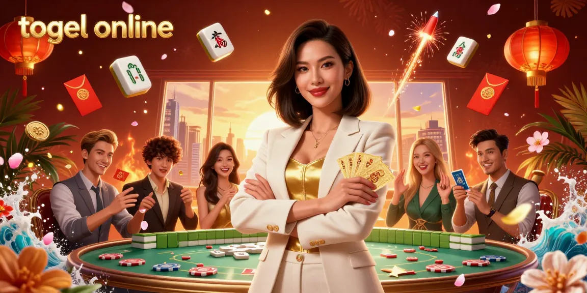 Play togel online with an energetic casino scene featuring an elegant Asian woman holding cards amidst dynamic decorations.