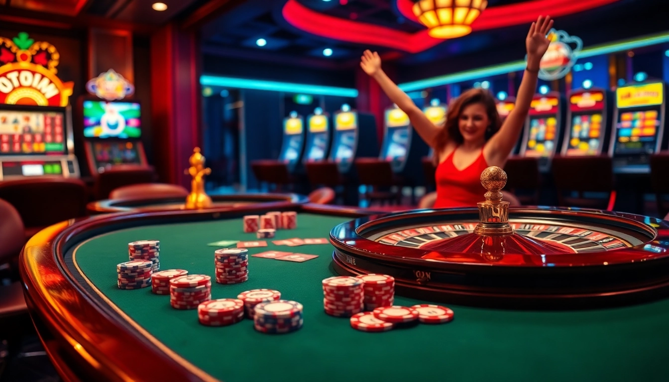 Experience the excitement of gambling at okfun.com with vibrant poker tables and roulette wheels.