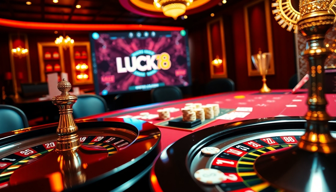 Cổng game LUCK8 enhances the thrill of a luxurious casino experience with poker chips and roulette.