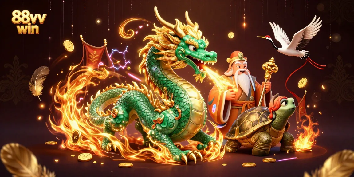 Experience 88vv win as the jade dragon and lucky cranes celebrate gambling success in a vibrant casino scene.