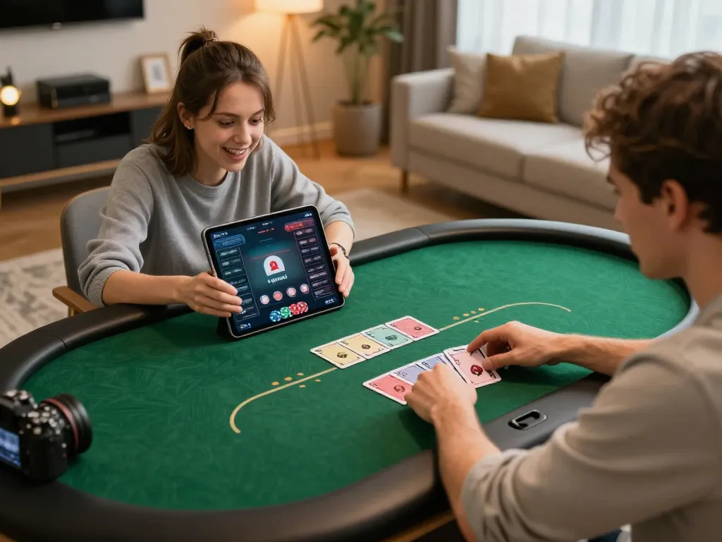 Playing poker online with net88 on a tablet in a cozy home setting.