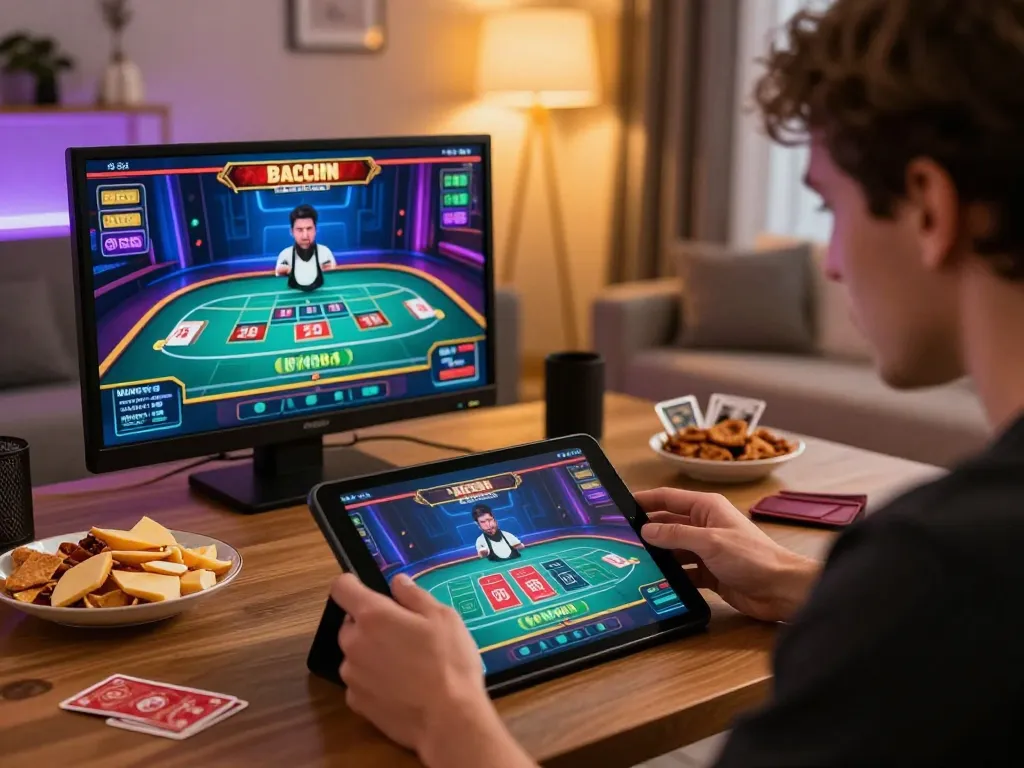 Player engaging with live dealer game on lc88 tablet, showcasing strategic Baccarat gameplay in a cozy atmosphere