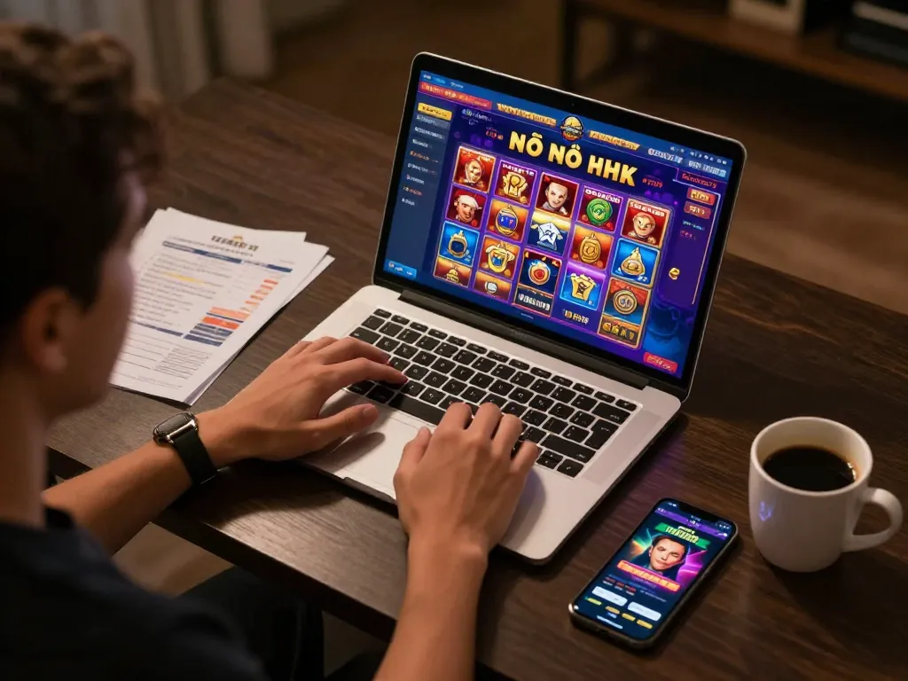Nổ hũ gameplay highlighted on laptop screen with strategic notes beside player, showcasing an engaging online gambling setup.