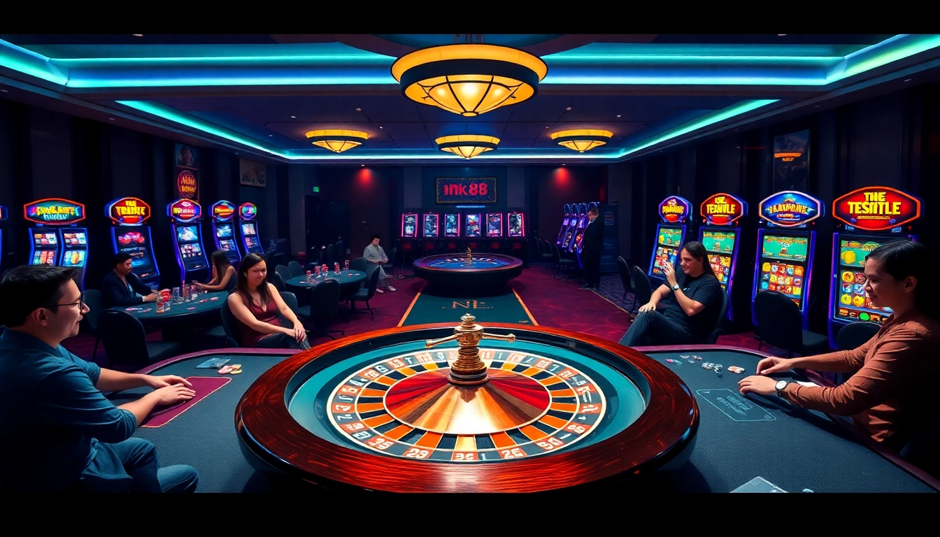 Experience the thrill of nk 88 in a luxury casino with roulette, poker games, and vibrant slot machines.