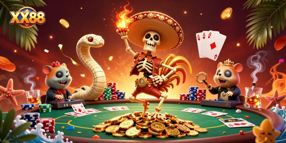 Experience the thrilling world of XX88 with a lively 3D casino scene featuring colorful poker elements.