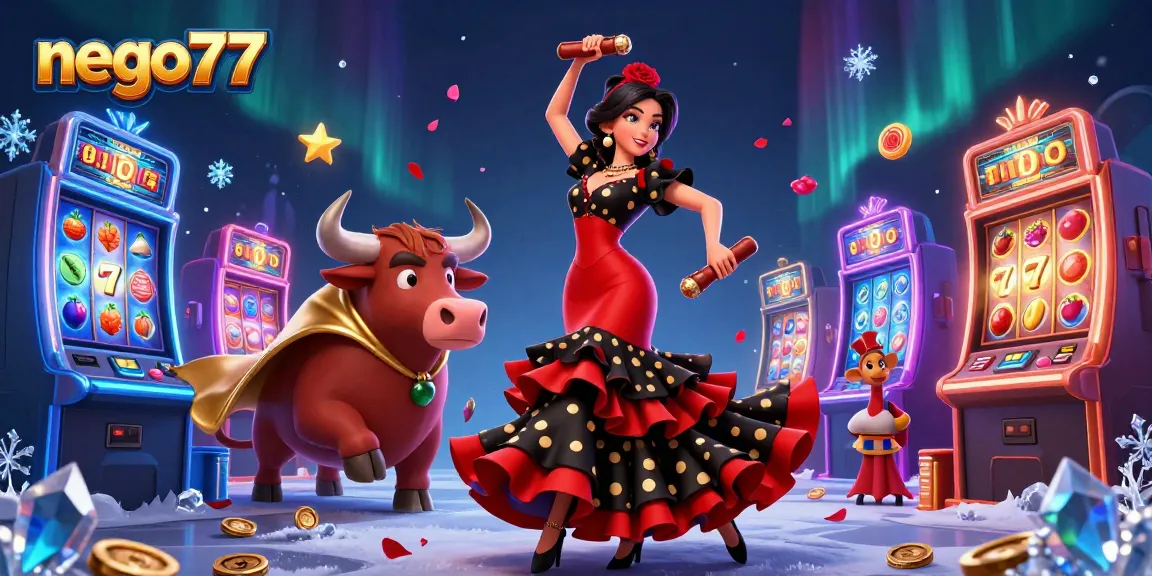 Nego77 players spin the lucky slot reels while dancing with vibrant energy in this stunning casino illustration.