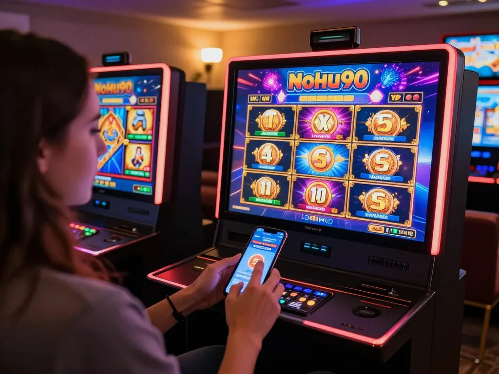 Nohu90 player enjoying thrilling slot games on a mobile app at home.