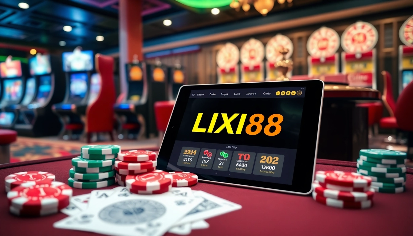 LIXI88 online gambling scene with vibrant poker chips and playing cards showcasing excitement.