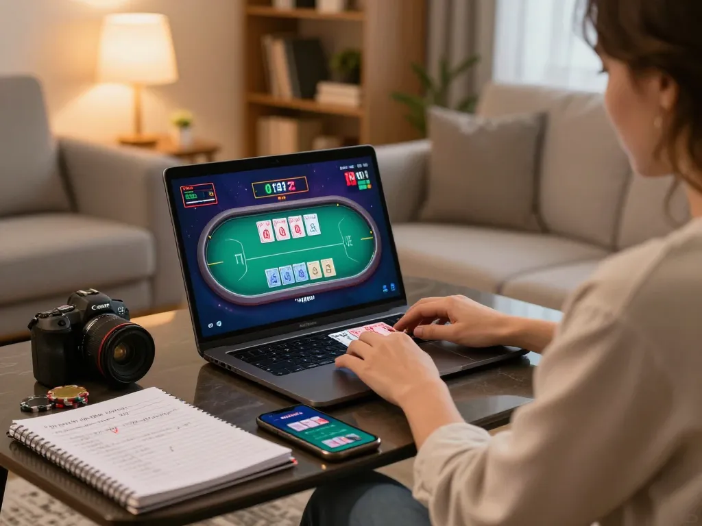 Engaging in online poker gaming at https://xx88.promo/ on a cozy couch while tracking betting strategies.