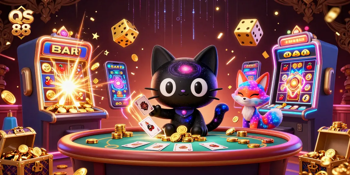 Engage with QS 88 in a vibrant cosmic casino scene featuring colorful characters and lively game elements.