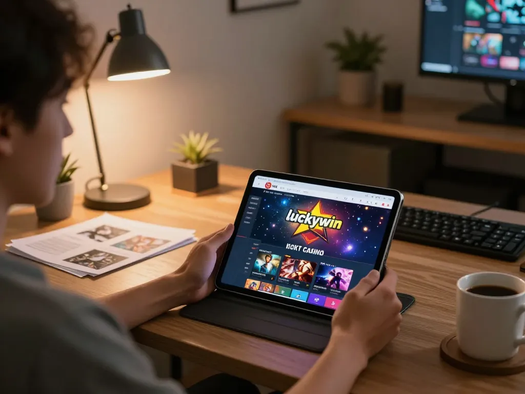 Engaging with trang chủ luckywin casino interface on a tablet during a home gaming session