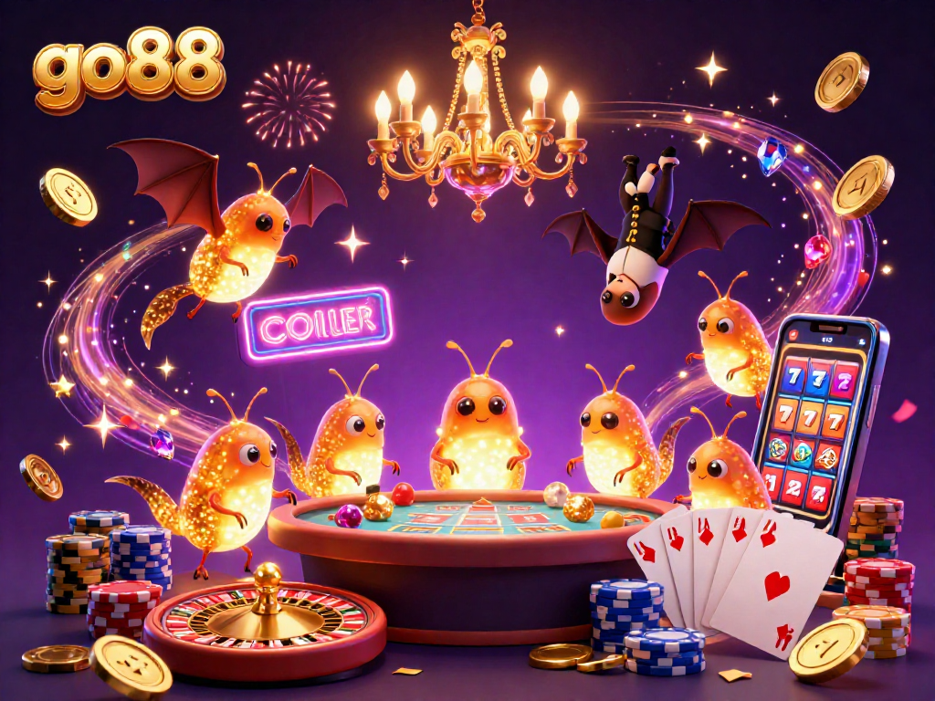Experience thrilling gameplay at go88 with a vibrant casino scene showcasing glowworms lighting up the card table and roulette wheel.