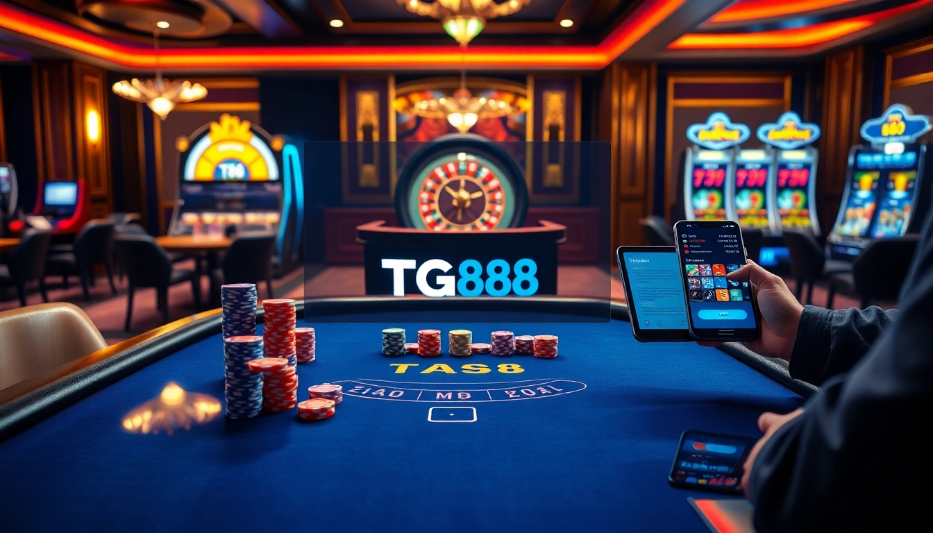 Engaging TG88 online casino platform showcasing live betting, poker chips, and roulette wheel action