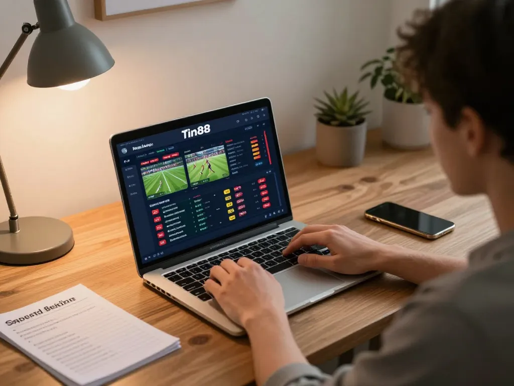 Engaging in sports betting on Tin88 while seated at a stylish home office desk, showcasing a modern gaming setup.