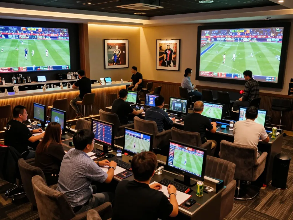Engaged bettors strategizing at trang chủ fly88 sports betting lounge with live match displays.