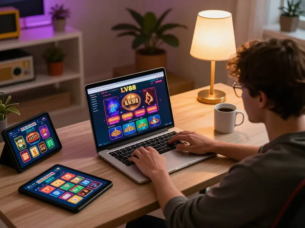 Engaged player enjoying LV88 online casino on a laptop in a stylish home office setup.