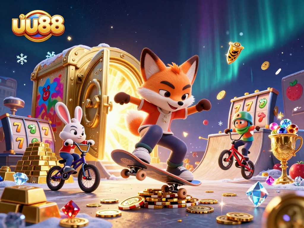 Engaging scene showcasing uu88's animated fox and rabbit on vibrant gambling-themed ramp